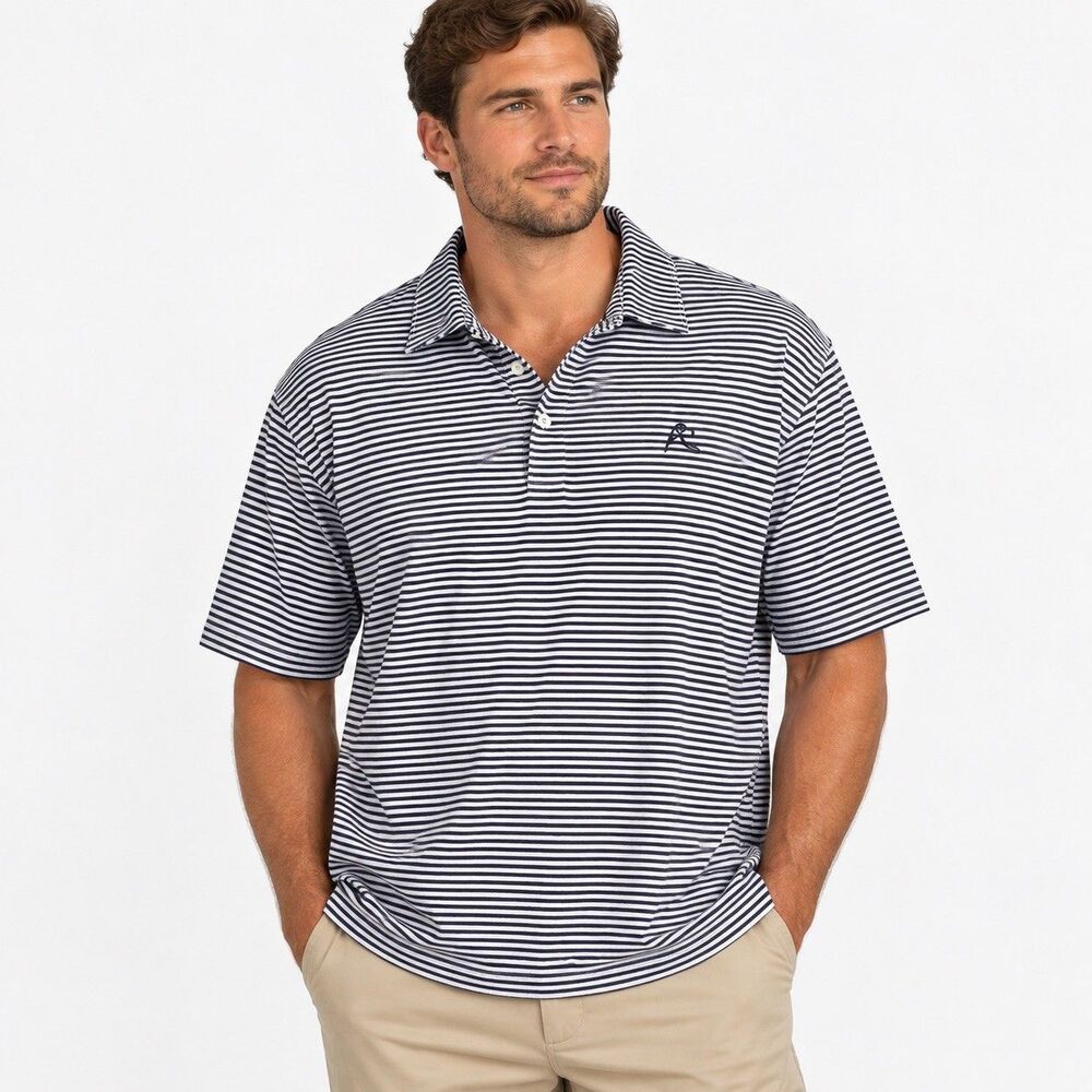 Rhoback Men’s Performance Polo White & Navy Striped XXL Golf Preppy
